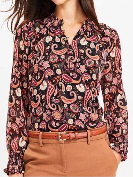 LOFT Tops - LOFT Petite Paisley Floral Ruffle Blouse Black Orange Pink XLP